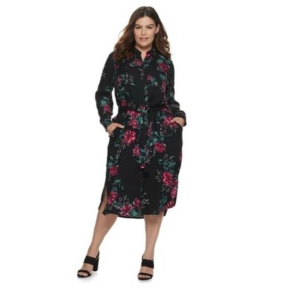 EVRI Long Floral Shirt Dress Rayon Stretch Waist Plus Size 3X - Picture 1 of 9